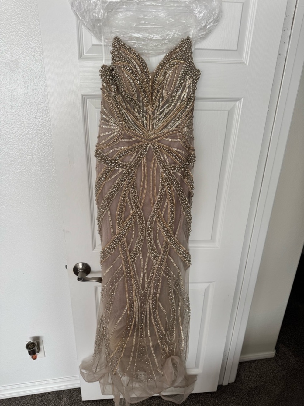 Used Beaded Champagne Evening Gown Size 10